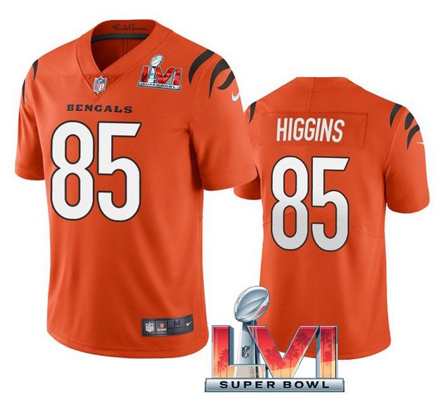 Men's Cincinnati Bengals #85 Tee Higgins 2022 Orange Super Bowl LVI Vapor Limited Stitched Jersey Men's Cincinnati Bengals #85 Tee Higgins 2022 Orange Super Bowl LVI Vapor Limited Stitched Jersey